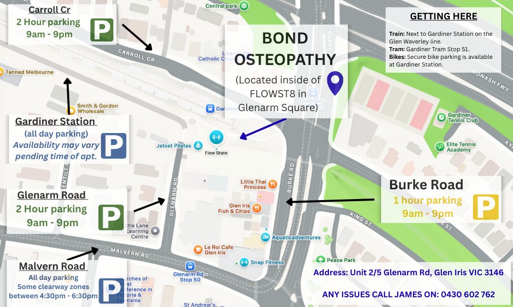 Map showing Bond Osteopathy at Unit 2/5 Glenarm Road, Glen Iris, inside FLOWST8, with parking and transport options